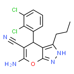 ChemSpider 2D Image | 6-amino-4-(2,3-dichlorophenyl)-3-propyl-2H,4H-pyrano[2,3-c]pyrazole-5-carbonitrile | C16H14Cl2N4O