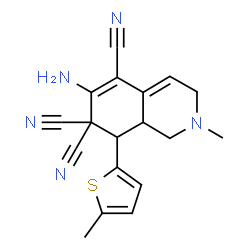 ChemSpider 2D Image | 6-Amino-2-methyl-8-(5-methyl-2-thienyl)-2,3,8,8a-tetrahydro-5,7,7(1H)-isoquinolinetricarbonitrile | C18H17N5S