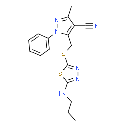 ChemSpider 2D Image | 3-Methyl-1-phenyl-5-({[5-(propylamino)-1,3,4-thiadiazol-2-yl]sulfanyl}methyl)-1H-pyrazole-4-carbonitrile | C17H18N6S2