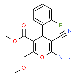 ChemSpider 2D Image | Methyl 6-amino-5-cyano-4-(2-fluorophenyl)-2-(methoxymethyl)-4H-pyran-3-carboxylate | C16H15FN2O4