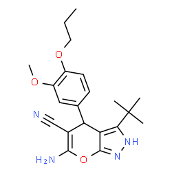 ChemSpider 2D Image | 6-Amino-3-tert-butyl-4-(3-methoxy-4-propoxyphenyl)-2,4-dihydropyrano[2,3-c]pyrazole-5-carbonitrile | C21H26N4O3