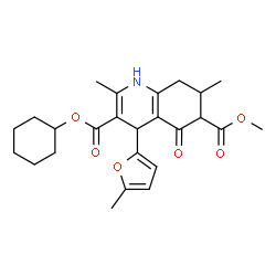 ChemSpider 2D Image | 3-Cyclohexyl 6-methyl 2,7-dimethyl-4-(5-methyl-2-furyl)-5-oxo-1,4,5,6,7,8-hexahydro-3,6-quinolinedicarboxylate | C25H31NO6