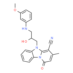 ChemSpider 2D Image | 5-{2-Hydroxy-3-[(3-methoxyphenyl)amino]propyl}-3-methyl-1-oxo-1,5-dihydropyrido[1,2-a]benzimidazole-4-carbonitrile | C23H22N4O3