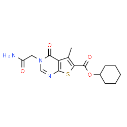 ChemSpider 2D Image | Cyclohexyl 3-(2-amino-2-oxoethyl)-5-methyl-4-oxo-3,4-dihydrothieno[2,3-d]pyrimidine-6-carboxylate | C16H19N3O4S