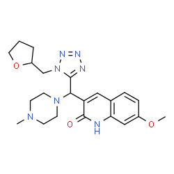 ChemSpider 2D Image | 7-Methoxy-3-{(4-methyl-1-piperazinyl)[1-(tetrahydro-2-furanylmethyl)-1H-tetrazol-5-yl]methyl}-2(1H)-quinolinone | C22H29N7O3