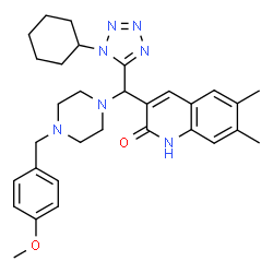 ChemSpider 2D Image | 3-{(1-Cyclohexyl-1H-tetrazol-5-yl)[4-(4-methoxybenzyl)-1-piperazinyl]methyl}-6,7-dimethyl-2(1H)-quinolinone | C31H39N7O2