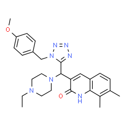 ChemSpider 2D Image | 3-{(4-Ethyl-1-piperazinyl)[1-(4-methoxybenzyl)-1H-tetrazol-5-yl]methyl}-7,8-dimethyl-2(1H)-quinolinone | C27H33N7O2
