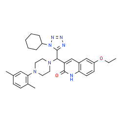 ChemSpider 2D Image | 3-{(1-Cyclohexyl-1H-tetrazol-5-yl)[4-(2,5-dimethylphenyl)-1-piperazinyl]methyl}-6-ethoxy-2(1H)-quinolinone | C31H39N7O2