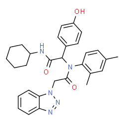 ChemSpider 2D Image | 2-(1H-Benzotriazol-1-yl)-N-[2-(cyclohexylamino)-1-(4-hydroxyphenyl)-2-oxoethyl]-N-(2,4-dimethylphenyl)acetamide | C30H33N5O3