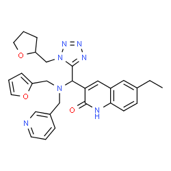 ChemSpider 2D Image | 6-Ethyl-3-{[(2-furylmethyl)(3-pyridinylmethyl)amino][1-(tetrahydro-2-furanylmethyl)-1H-tetrazol-5-yl]methyl}-2(1H)-quinolinone | C29H31N7O3