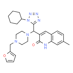 ChemSpider 2D Image | 3-{(1-Cyclohexyl-1H-tetrazol-5-yl)[4-(2-furylmethyl)-1-piperazinyl]methyl}-7-methyl-2(1H)-quinolinone | C27H33N7O2