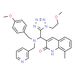 ChemSpider 2D Image | 3-{[(4-Methoxybenzyl)(3-pyridinylmethyl)amino][1-(2-methoxyethyl)-1H-tetrazol-5-yl]methyl}-8-methyl-2(1H)-quinolinone | C29H31N7O3