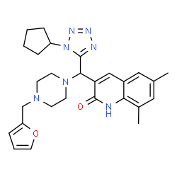 ChemSpider 2D Image | 3-{(1-Cyclopentyl-1H-tetrazol-5-yl)[4-(2-furylmethyl)-1-piperazinyl]methyl}-6,8-dimethyl-2(1H)-quinolinone | C27H33N7O2