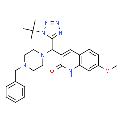 ChemSpider 2D Image | 3-{(4-Benzyl-1-piperazinyl)[1-(2-methyl-2-propanyl)-1H-tetrazol-5-yl]methyl}-7-methoxy-2(1H)-quinolinone | C27H33N7O2