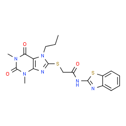 ChemSpider 2D Image | N-(1,3-Benzothiazol-2-yl)-2-[(1,3-dimethyl-2,6-dioxo-7-propyl-2,3,6,7-tetrahydro-1H-purin-8-yl)sulfanyl]acetamide | C19H20N6O3S2