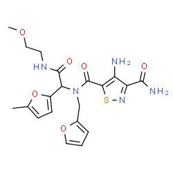 ChemSpider 2D Image | 4-Amino-N~5~-(2-furylmethyl)-N~5~-{2-[(2-methoxyethyl)amino]-1-(5-methyl-2-furyl)-2-oxoethyl}-1,2-thiazole-3,5-dicarboxamide | C20H23N5O6S