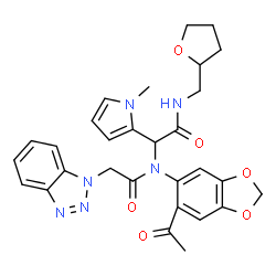 ChemSpider 2D Image | N-(6-Acetyl-1,3-benzodioxol-5-yl)-2-(1H-benzotriazol-1-yl)-N-{1-(1-methyl-1H-pyrrol-2-yl)-2-oxo-2-[(tetrahydro-2-furanylmethyl)amino]ethyl}acetamide | C29H30N6O6