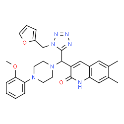 ChemSpider 2D Image | 3-{[1-(2-Furylmethyl)-1H-tetrazol-5-yl][4-(2-methoxyphenyl)-1-piperazinyl]methyl}-6,7-dimethyl-2(1H)-quinolinone | C29H31N7O3