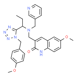 ChemSpider 2D Image | 6-Methoxy-3-{[{1-[1-(4-methoxybenzyl)-1H-tetrazol-5-yl]propyl}(3-pyridinylmethyl)amino]methyl}-2(1H)-quinolinone | C29H31N7O3