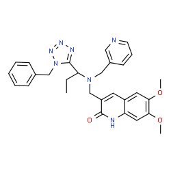 ChemSpider 2D Image | 3-({[1-(1-Benzyl-1H-tetrazol-5-yl)propyl](3-pyridinylmethyl)amino}methyl)-6,7-dimethoxy-2(1H)-quinolinone | C29H31N7O3