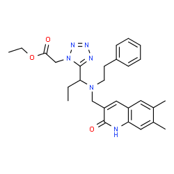 ChemSpider 2D Image | Ethyl [5-(1-{[(6,7-dimethyl-2-oxo-1,2-dihydro-3-quinolinyl)methyl](2-phenylethyl)amino}propyl)-1H-tetrazol-1-yl]acetate | C28H34N6O3