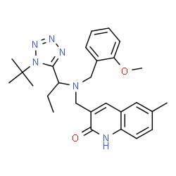 ChemSpider 2D Image | 3-{[(2-Methoxybenzyl){1-[1-(2-methyl-2-propanyl)-1H-tetrazol-5-yl]propyl}amino]methyl}-6-methyl-2(1H)-quinolinone | C27H34N6O2