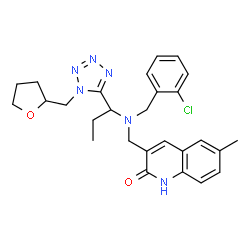 ChemSpider 2D Image | 3-{[(2-Chlorobenzyl){1-[1-(tetrahydro-2-furanylmethyl)-1H-tetrazol-5-yl]propyl}amino]methyl}-6-methyl-2(1H)-quinolinone | C27H31ClN6O2