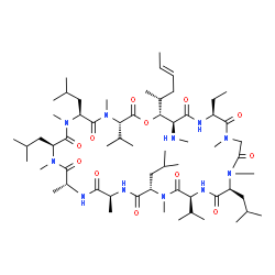 ChemSpider 2D Image | (3S,6S,9S,12R,15S,18S,21S,24S,30S,33S,34R)-30-Ethyl-34-[(2R,4E)-hex-4-en-2-yl]-6,9,18,24-tetraisobutyl-3,21-diisopropyl-4,7,10,12,15,19,25,28-octamethyl-33-(methylamino)-1-oxa-4,7,10,13,16,19,22,25,28,31-decaazacyclotetratriacontane-2,5,8,11,14,17,20,23,26,29,32-undecone | C62H111N11O12