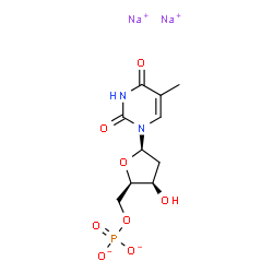 ChemSpider 2D Image | [(2R,3R,5R)-3-hydroxy-5-(5-methyl-2,4-dioxo-pyrimidin-1-yl)tetrahydrofuran-2-yl]methyl phosphate; sodium(1+) dihydride | C10H13N2Na2O8P