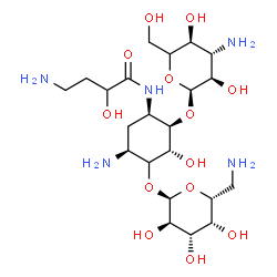 ChemSpider 2D Image | 4-amino-N-[(1R,2R,3R,5S)-5-amino-2-[(2S,3R,4S,5S)-4-amino-3,5-dihydroxy-6-(hydroxymethyl)tetrahydropyran-2-yl]oxy-4-[(2R,3R,4S,5R,6R)-6-(aminomethyl)-3,4,5-trihydroxy-tetrahydropyran-2-yl]oxy-3-hydroxy-cyclohexyl]-2-hydroxy-butanamide | C22H43N5O13