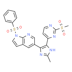 ChemSpider 2D Image | 5-{2-Methyl-4-[2-(methylsulfonyl)-4-pyrimidinyl]-1H-imidazol-5-yl}-1-(phenylsulfonyl)-1H-pyrrolo[2,3-b]pyridine | C22H18N6O4S2