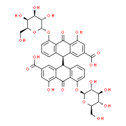 ChemSpider 2D Image | (9S,9'R)-5-(alpha-L-Galactopyranosyloxy)-5'-(beta-D-glucopyranosyloxy)-4,4'-dihydroxy-10,10'-dioxo-9,9',10,10'-tetrahydro-9,9'-bianthracene-2,2'-dicarboxylic acid | C42H38O20