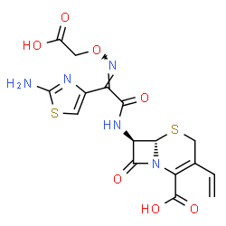 ChemSpider 2D Image | (6S,7R)-7-({(2E)-2-(2-Amino-1,3-thiazol-4-yl)-2-[(carboxymethoxy)imino]acetyl}amino)-8-oxo-3-vinyl-5-thia-1-azabicyclo[4.2.0]oct-2-ene-2-carboxylic acid | C16H15N5O7S2