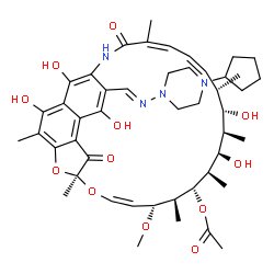 ChemSpider 2D Image | (7S,9Z,11R,12S,13S,14R,15R,16R,17S,18S,19Z,21Z)-26-{(E)-[(4-Cyclopentyl-1-piperazinyl)imino]methyl}-2,15,17,27,29-pentahydroxy-11-methoxy-3,7,12,14,16,18,22-heptamethyl-6,23-dioxo-8,30-dioxa-24-azatet
racyclo[23.3.1.1~4,7~.0~5,28~]triaconta-1(28),2,4,9,19,21,25(29),26-octaen-13-yl acetate | C47H64N4O12