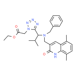 ChemSpider 2D Image | Ethyl [5-(1-{benzyl[(5,8-dimethyl-2-oxo-1,2-dihydro-3-quinolinyl)methyl]amino}-2-methylpropyl)-1H-tetrazol-1-yl]acetate | C28H34N6O3
