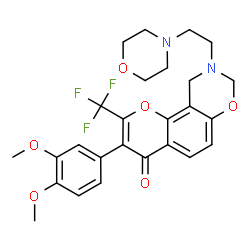 ChemSpider 2D Image | 3-(3,4-Dimethoxyphenyl)-9-[2-(4-morpholinyl)ethyl]-2-(trifluoromethyl)-9,10-dihydro-4H,8H-chromeno[8,7-e][1,3]oxazin-4-one | C26H27F3N2O6