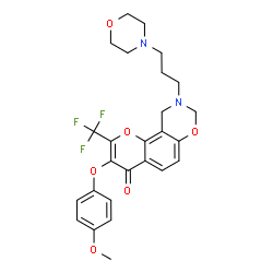 ChemSpider 2D Image | 3-(4-Methoxyphenoxy)-9-[3-(4-morpholinyl)propyl]-2-(trifluoromethyl)-9,10-dihydro-4H,8H-chromeno[8,7-e][1,3]oxazin-4-one | C26H27F3N2O6