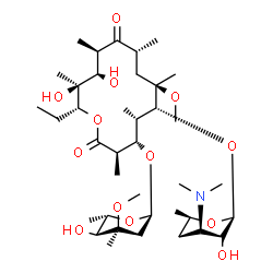 ChemSpider 2D Image | (3R,4S,5S,6R,7R,9R,11R,12R,13S,14R)-6-{[(2S,6R)-4-(Dimethylamino)-3-hydroxy-6-methyltetrahydro-2H-pyran-2-yl]oxy}-14-ethyl-12,13-dihydroxy-4-{[(2R,5S,6S)-5-hydroxy-4-methoxy-4,6-dimethyltetrahydro-2H-
pyran-2-yl]oxy}-7-methoxy-3,5,7,9,11,13-hexamethyloxacyclotetradecane-2,10-dione | C38H69NO13