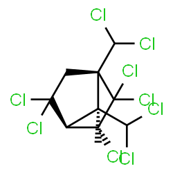 ChemSpider 2D Image | (1R,3R,4S,7S)-2,2,3,5,5-Pentachloro-1,7-bis(dichloromethyl)-7-methylbicyclo[2.2.1]heptane | C10H9Cl9