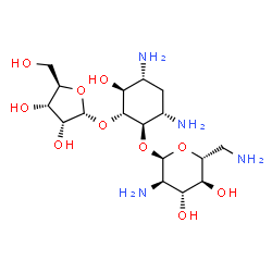 ChemSpider 2D Image | (1R,2R,3S,4R,6S)-4,6-Diamino-3-hydroxy-2-(alpha-D-ribofuranosyloxy)cyclohexyl 2,6-diamino-2,6-dideoxy-alpha-D-glucopyranoside | C17H34N4O10