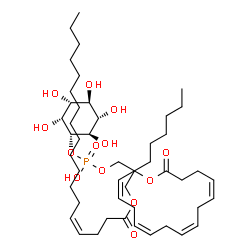 ChemSpider 2D Image | 1-[(Hydroxy{[(1S,2R,3R,4S,5S,6R)-2,3,4,5,6-pentahydroxycyclohexyl]oxy}phosphoryl)oxy]-3-[(4Z)-4-octadecenoyloxy]-2-propanyl (4Z,7Z,10Z,13Z)-4,7,10,13-icosatetraenoate | C47H81O13P