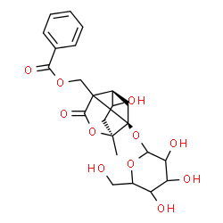 ChemSpider 2D Image | [(1R,3R,6S)-1-(Hexopyranosyloxy)-4-hydroxy-6-methyl-8-oxo-7-oxatricyclo[4.3.0.0~3,9~]non-9-yl]methyl benzoate | C23H28O11