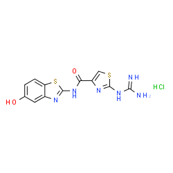 ChemSpider 2D Image | 2-Carbamimidamido-N-(5-hydroxy-1,3-benzothiazol-2-yl)-1,3-thiazole-4-carboxamide hydrochloride (1:1) | C12H11ClN6O2S2