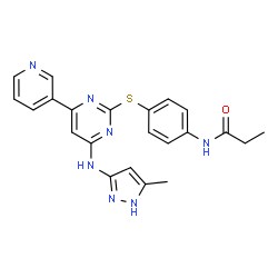 ChemSpider 2D Image | N-[4-({4-[(5-Methyl-1H-pyrazol-3-yl)amino]-6-(3-pyridinyl)-2-pyrimidinyl}sulfanyl)phenyl]propanamide | C22H21N7OS