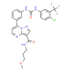 ChemSpider 2D Image | 7-[3-({[4-Chloro-3-(trifluoromethyl)phenyl]carbamoyl}amino)phenyl]-N-(3-methoxypropyl)pyrazolo[1,5-a]pyrimidine-3-carboxamide | C25H22ClF3N6O3