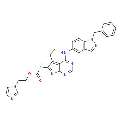 ChemSpider 2D Image | 2-(1H-Imidazol-1-yl)ethyl {4-[(1-benzyl-1H-indazol-5-yl)amino]-5-ethyl-7aH-pyrrolo[2,3-d]pyrimidin-6-yl}carbamate | C28H27N9O2