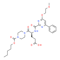ChemSpider 2D Image | (4S)-4-({[4-(2-Methoxyethoxy)-6-phenyl-2-pyrimidinyl]carbonyl}amino)-5-oxo-5-{4-[(pentyloxy)carbonyl]-1-piperazinyl}pentanoic acid | C29H39N5O8