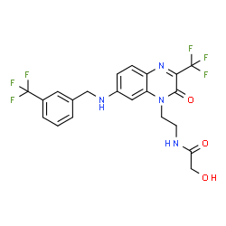 ChemSpider 2D Image | 2-Hydroxy-N-{2-[2-oxo-3-(trifluoromethyl)-7-{[3-(trifluoromethyl)benzyl]amino}-1(2H)-quinoxalinyl]ethyl}acetamide | C21H18F6N4O3