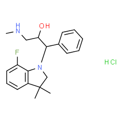 ChemSpider 2D Image | 1-(7-Fluoro-3,3-dimethyl-2,3-dihydro-1H-indol-1-yl)-3-(methylamino)-1-phenyl-2-propanol hydrochloride (1:1) | C20H26ClFN2O