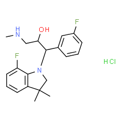 ChemSpider 2D Image | 1-(7-Fluoro-3,3-dimethyl-2,3-dihydro-1H-indol-1-yl)-1-(3-fluorophenyl)-3-(methylamino)-2-propanol hydrochloride (1:1) | C20H25ClF2N2O